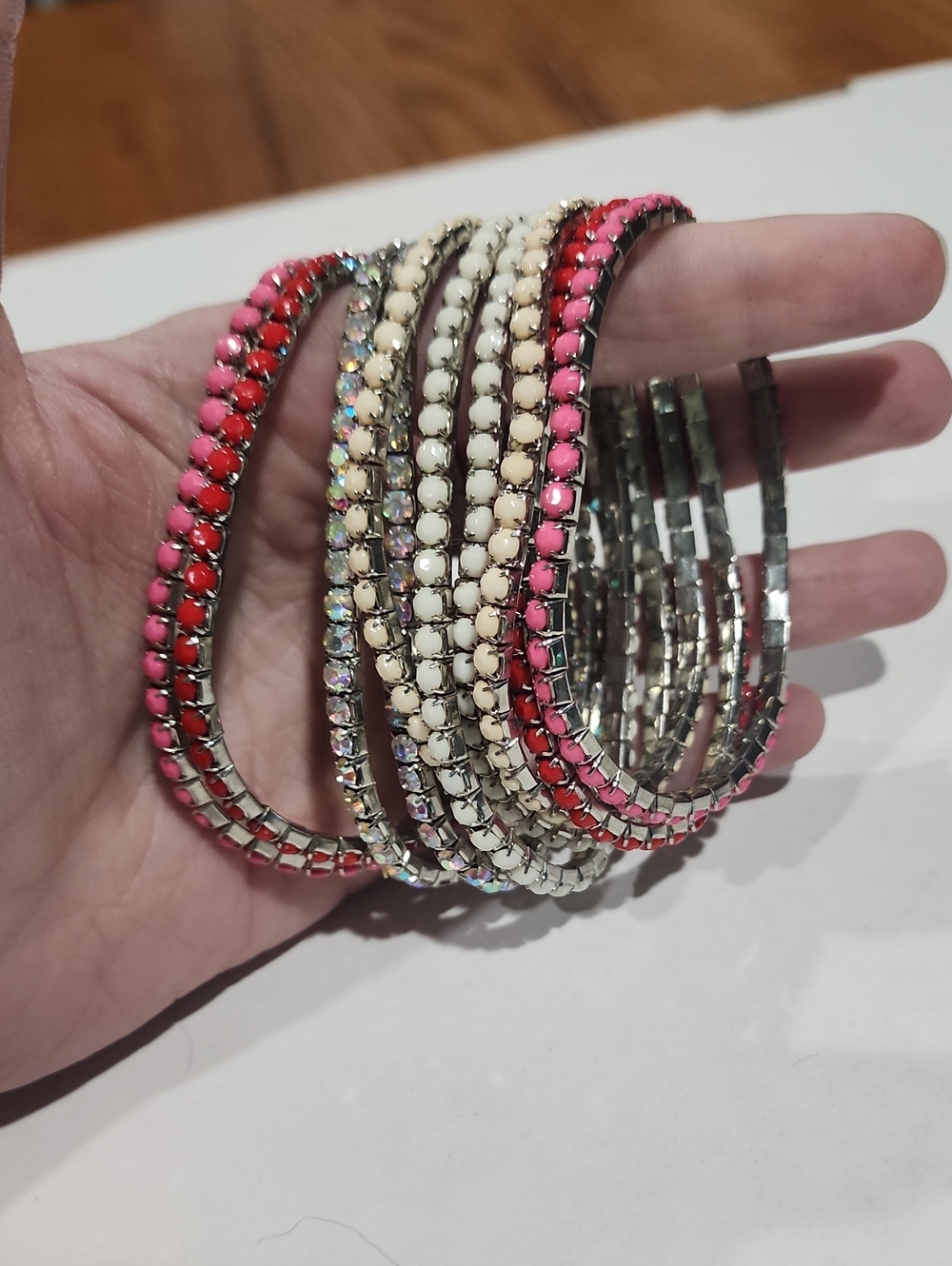 Maurices Pink, Red and Cream Crystal Multi-Row Bangle Set